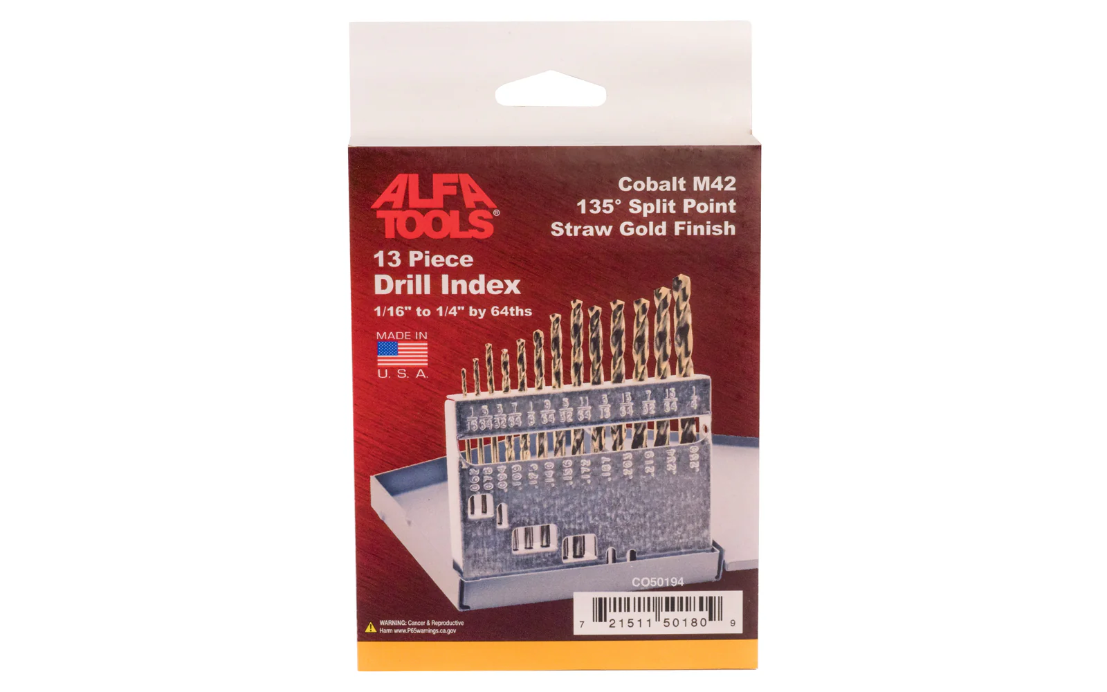 13-Piece Cobalt Drill Index - 1/16" to 1/4" by 64ths