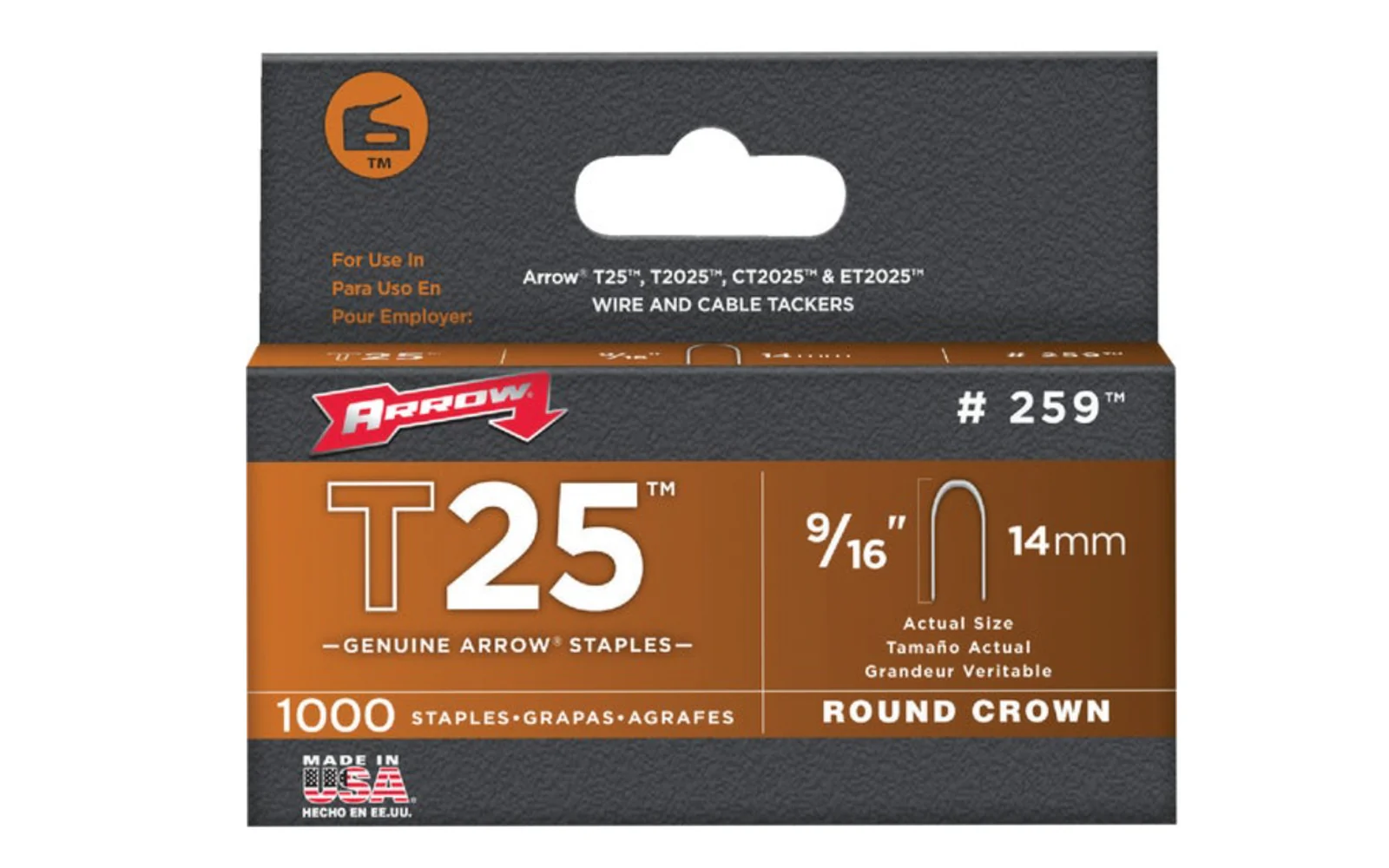 Arrow T25 Round Crown Cable 9/16" Staples - 1000 PK