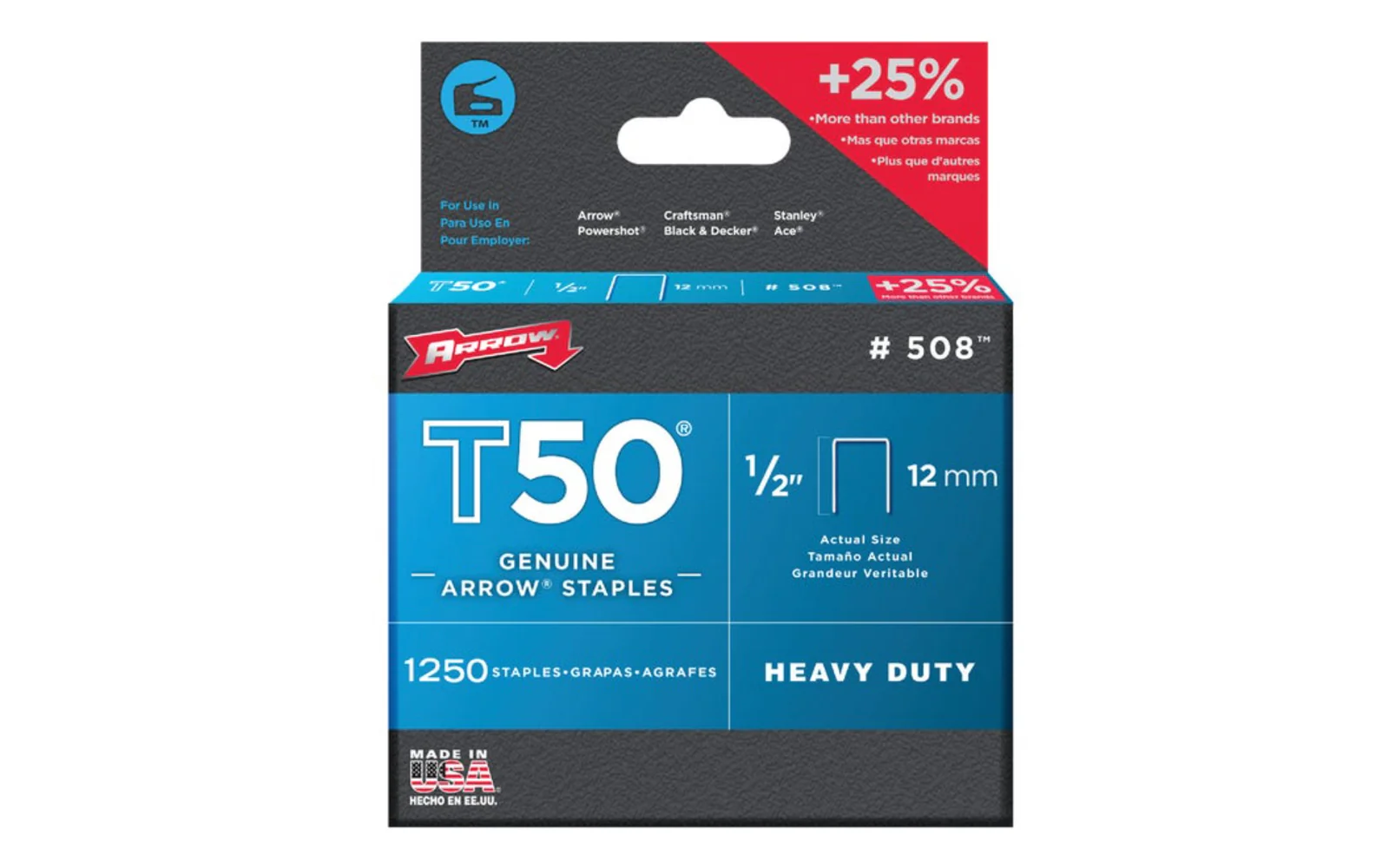 Arrow T50 Heavy Duty 1/2" Staples - 1250 PK