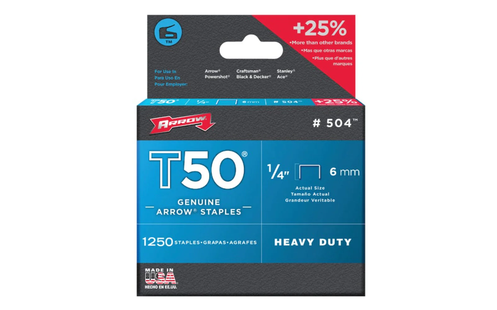 Arrow T50 Heavy Duty 1/4" Staples - 1250 PK