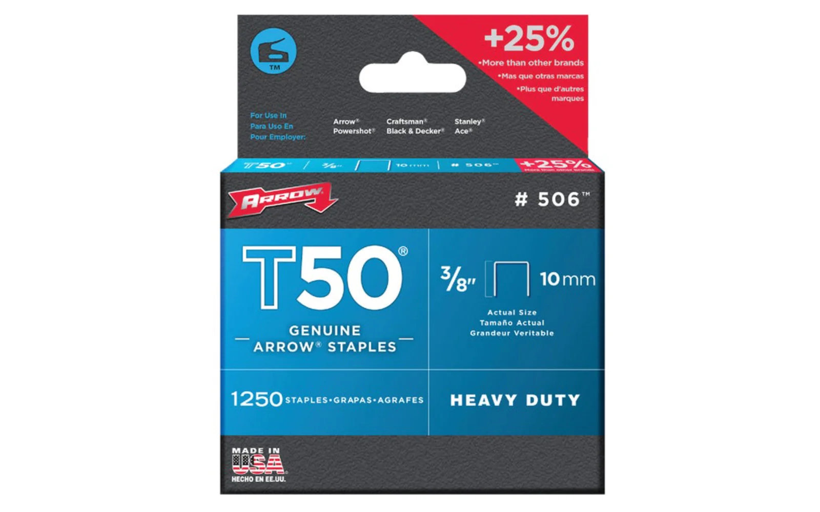 Arrow T50 Heavy Duty 3/8" Staples - 1250 PK