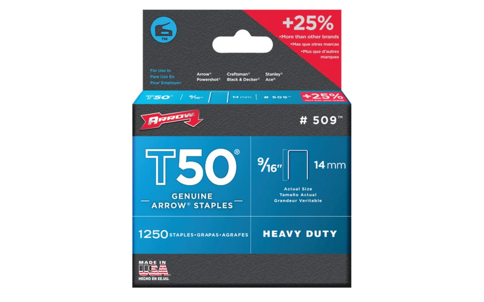 Arrow T50 Heavy Duty 9/16" Staples - 1250 PK