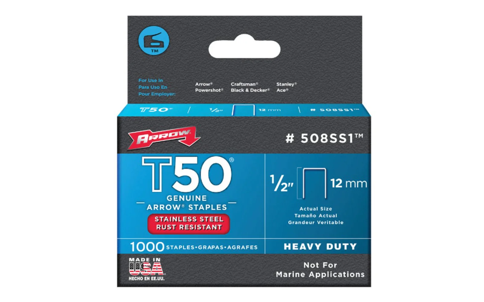 Arrow T50 Heavy Duty Stainless 1/2" Staples - 1000 PK