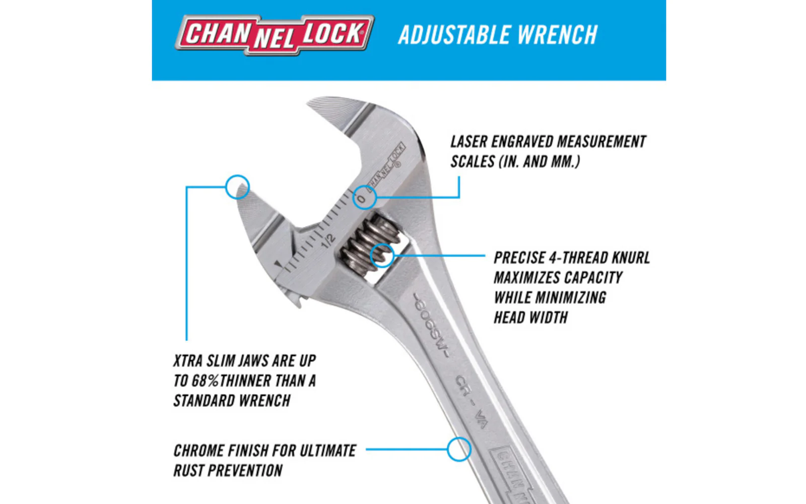Channellock 6" Adjustable Wrench with Extra Slim Jaw - Image 2
