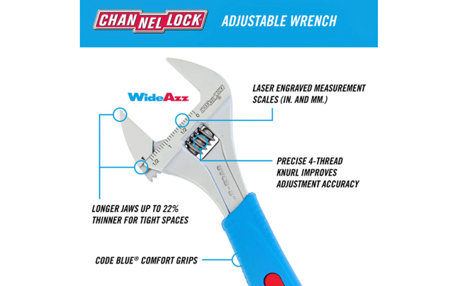 Channellock 8" Adjustable Wrench "Wide Azz" 'Code Blue" - Image 2