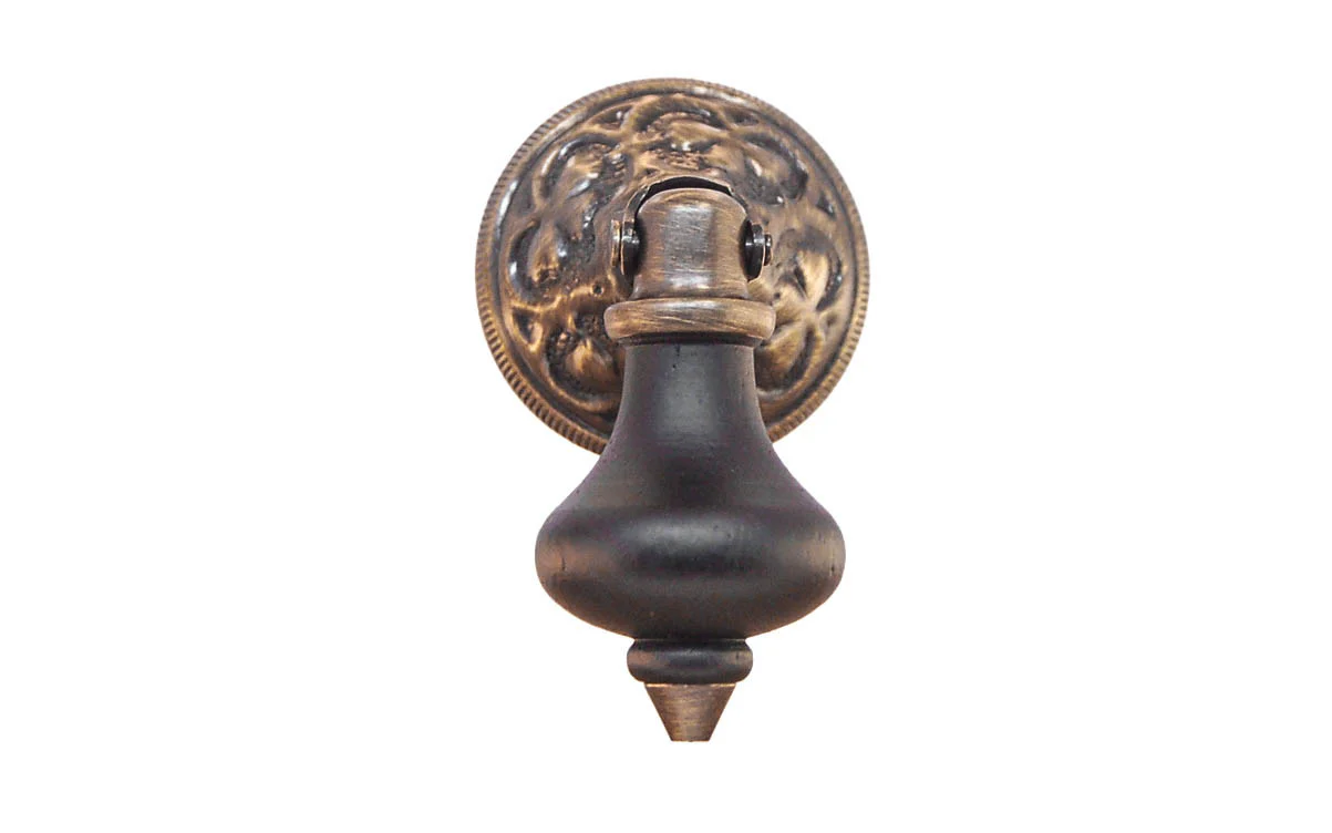 Ebonized Wood Drop Pull with Antique Brass Rosette