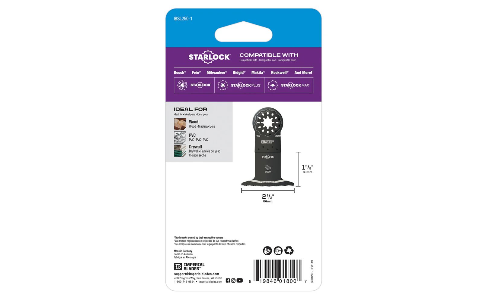 Imperial Blades "Starlock" 2-1/2" Standard Power Curve Wood Blade - Image 3