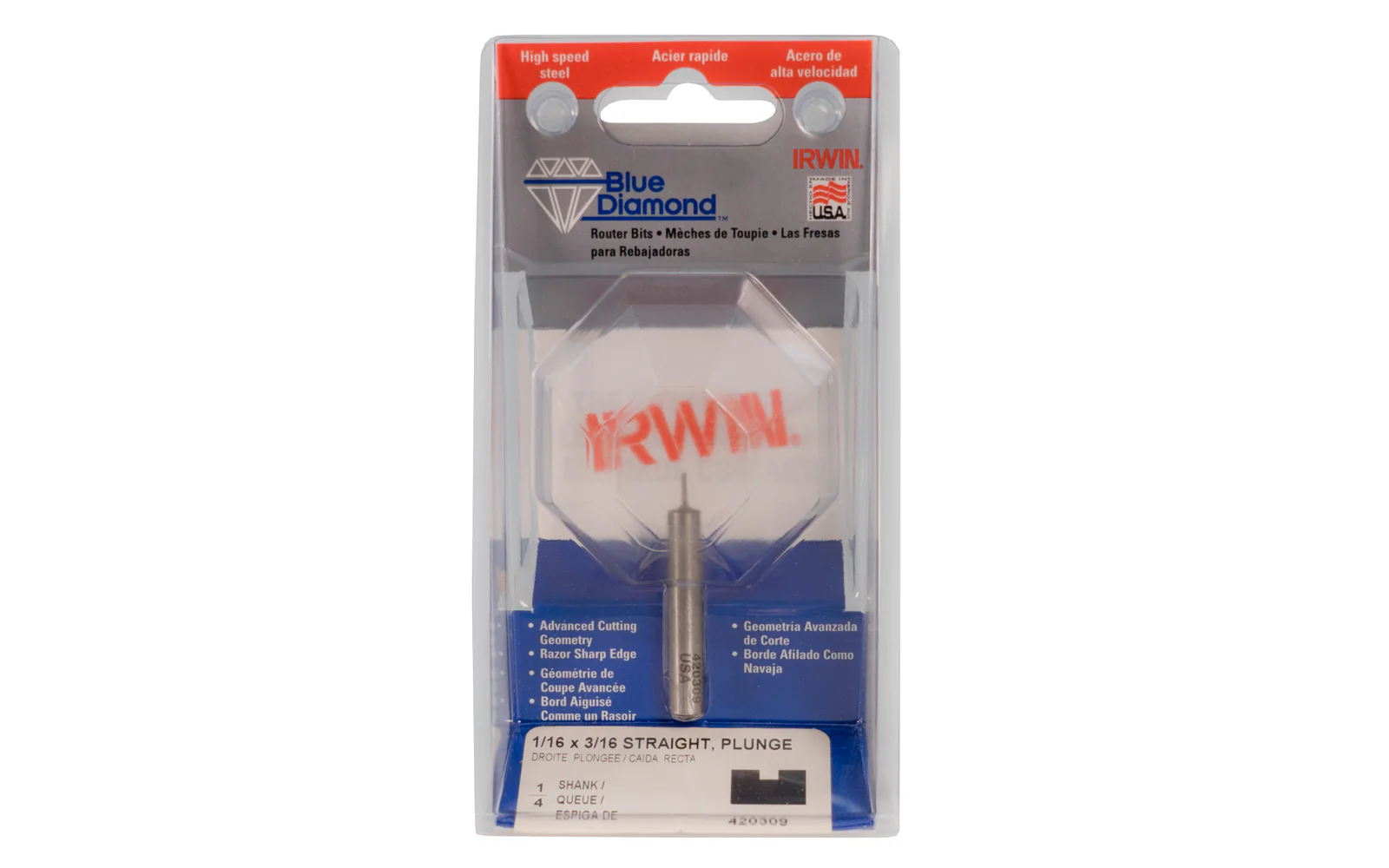 Irwin HSS 1/16" x 3/16" Straight Router Bit - Made in USA