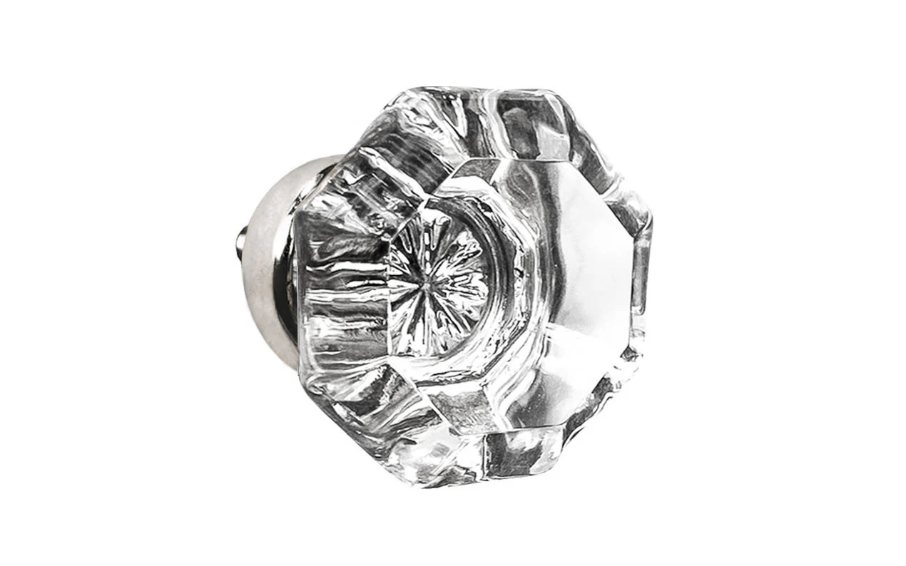 Octagonal Clear Glass Cabinet Knob with Polished Nickel Finish