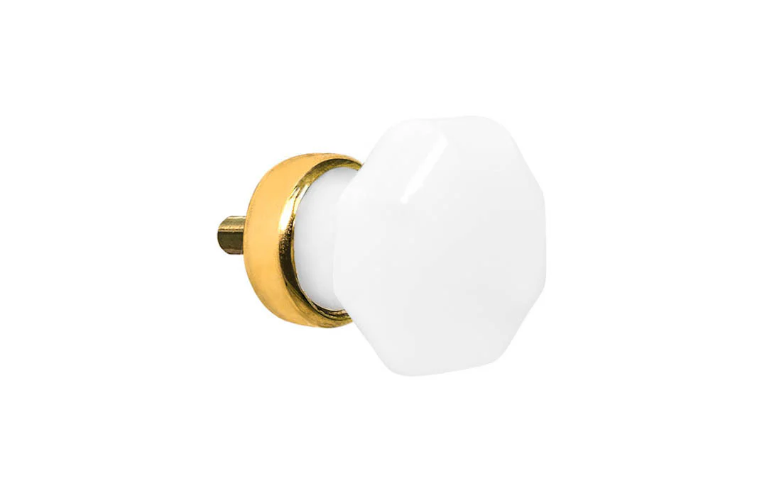 Octagonal "Translucent White Opal" Glass Cabinet Knob with Unlacquered Brass - Image 2