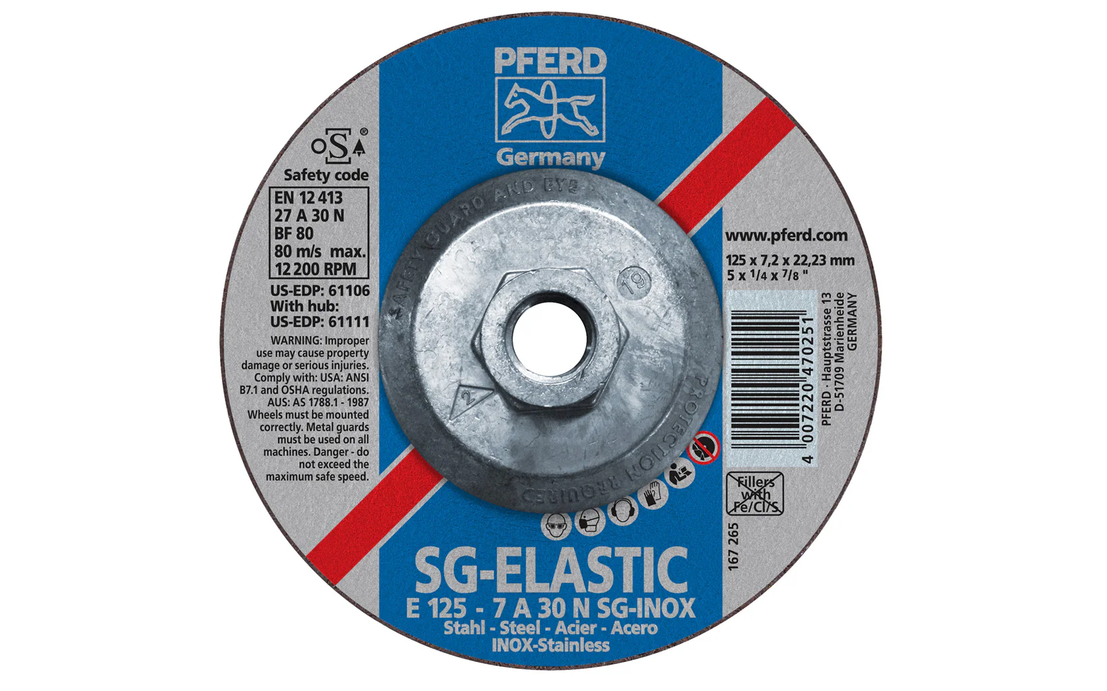 Pferd 5" Stainless Grinding Wheel - 1/4" Thick ~ 5/8-11 Thread