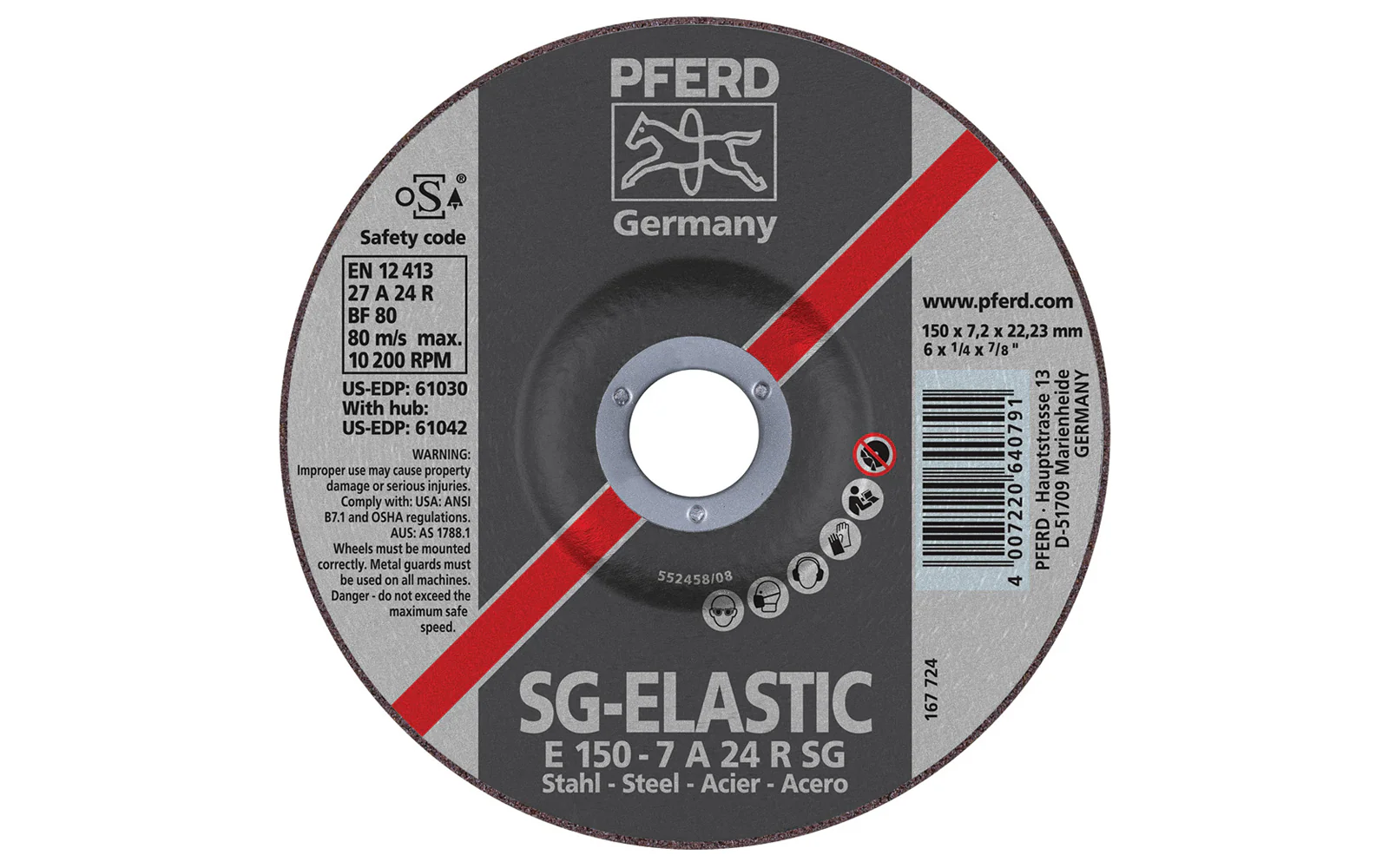 Pferd 6" Grinding Wheel - 1/4" Thick ~ 7/8" Arbor